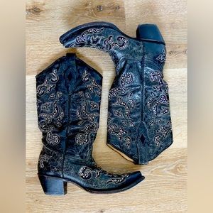 Corral Crystal Studded Black Leather Wedding Rodeo Cowboy Boots Size 8